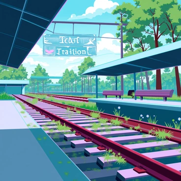 An empty train station with dilapidated platforms, where nature has begun to reclaim the space. The wooden benches are partially covered in moss and creeping vines. The tracks are overgrown with grass and wildflowers, creating a vibrant contrast against the rusted metal. Sunlight filters through the trees surrounding the station, casting dappled shadows on the ground. In the background, a faded sign hangs askew, displaying "Train Station" in peeling paint.