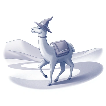 A llama with a traditional pilgrim hat and a collar is walking along a winding trail. It is wearing a small backpack secured to its body. The llama's fur is textured and detailed, and it has a steady gait as it moves. The trail is surrounded by rolling hills, creating a natural landscape. The scene conveys a sense of adventure and exploration.
