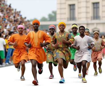 A vibrant relay race featuring runners from various cultures, each dressed in traditional clothing representative of their countries. A runner from India is wearing a bright orange kurta with intricate patterns and a matching turban. A participant from Japan is dressed in a colorful yukata adorned with floral designs and a wide obi belt. A runner from Mexico showcases a colorful sombrero and a traditional embroidered shirt, while a participant from Ethiopia wears a white shamma with colorful borders. The scene captures each runner in dynamic motion, passing a baton, with an enthusiastic crowd cheering in the background. The atmosphere is filled with energy and celebration of diversity.