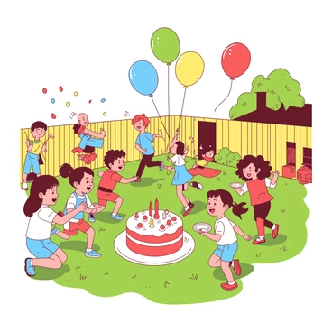 A backyard party with children playing, balloons, and a cake, all in bright shades