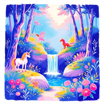 An enchanted forest filled with tall, lush trees and vibrant green foliage. Sunlight filters through the dense canopy, casting dappled shadows on the forest floor covered in soft moss. Various magical creatures are scattered throughout the scene, including a graceful unicorn with a glossy mane, a colorful fairy with delicate wings hovering near a cluster of flowers, and a playful dragon peeking from behind a tree. In the center of the forest, a shimmering waterfall cascades down smooth rocks, with sparkling droplets catching the light as they fall into a clear pool below. Surrounding the waterfall, vibrant flowers bloom in an array of colors, adding to the enchantment of the scene.