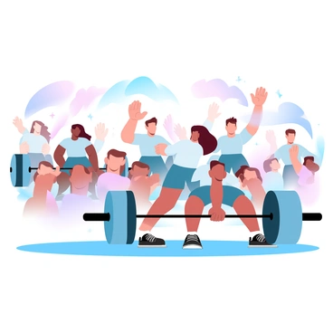 A group of athletes is lifting heavy barbells in a weightlifting competition. Each athlete is focused and determined, showcasing their strength and posture as they prepare for their lifts. Spectators in the background are cheering and clapping, creating an energetic atmosphere. Colorful banners and flags are displayed around the venue, adding to the excitement of the event. Some spectators are waving their hands and holding signs of support, while others are standing up to get a better view. The scene captures the intensity of the competition and the enthusiasm of the crowd.