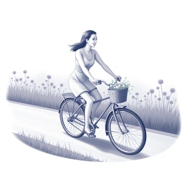 A woman is riding a bicycle along a country road that winds through a landscape. The road is flanked by tall grass and wildflowers swaying gently in the breeze. The woman has a relaxed posture, with a gentle smile on her face as she takes in the surroundings. She is wearing a light, flowing dress that billows slightly as she rides. The bicycle has a classic design with a wicker basket attached to the front, carrying a small bouquet of flowers. The sky above is clear, and the sun casts soft shadows along the path.