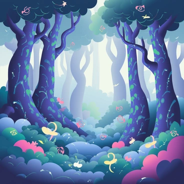 A dense forest on an alien planet is filled with towering, twisted trees that have iridescent bark. The leaves of these trees are vibrant shades of blue and purple, shimmering softly in the ambient light. Among the underbrush, there are unusual plants with spiral shapes and luminescent petals that emit a soft glow in hues of green and pink. Various small, glowing creatures dart between the plants; some resemble fireflies, while others have elongated bodies and shimmering wings. The ground is covered in a carpet of bioluminescent moss that bathes the scene in an ethereal light, creating a magical atmosphere throughout the forest.