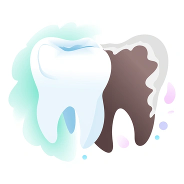 A split image features a healthy tooth on the left side and a decayed tooth on the right side. The healthy tooth is gleaming white with smooth surfaces, showcasing a strong root. Surrounding it, there is a light green background suggesting freshness and vitality. The decayed tooth is darker, with visible cavities and rough edges, set against a contrasting background of muted brown tones that emphasize its decay. The separation between the two halves is defined by a clear line in the center.