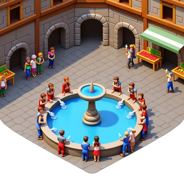 A medieval town square featuring a central fountain with clear water flowing from its spouts. Villagers of various ages are gathered around the fountain, some sitting on the edge while others converse animatedly. The square is bordered by sturdy stone buildings with wooden beams and colorful banners hanging from their windows. A few market stalls can be seen, displaying fresh fruits and vegetables. The cobblestone ground is worn from years of foot traffic, adding to the historic look of the scene.