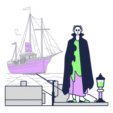 A figure resembling "Nosferatu" stands at the edge of a foggy dock, partially obscured by the mist. The character has elongated features, sharp ears, and wears a dark, tattered cloak that flows around him. In the background, there is a vintage ship with billowing sails, anchored at the dock. The ship is detailed with ropes and wooden textures, and its silhouette is softened by the surrounding fog. Dim light from a nearby lantern casts shadows on the dock, enhancing the eerie atmosphere of the scene.