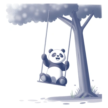 A panda bear is sitting on a swing, holding onto the ropes with both paws. The swing is suspended from the branches of a large tree, which has a thick trunk and an expansive canopy that provides shade. The panda has a joyful expression, with its mouth open in a wide smile. Surrounding the swing are green grass and scattered leaves. The scene evokes a sense of playfulness and tranquility, centered around the playful panda.