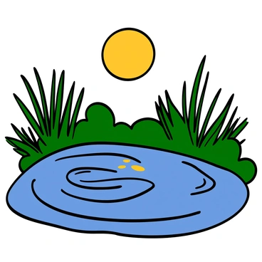 A tranquil pond reflecting a bright full moon in the night sky. The surface of the water is disturbed by gentle ripples, creating mystical patterns that shimmer in the moonlight. Surrounding the pond are lush green plants and tall grasses, gently swaying in a light breeze. The scene is illuminated by the soft glow of the moon, creating a serene atmosphere.