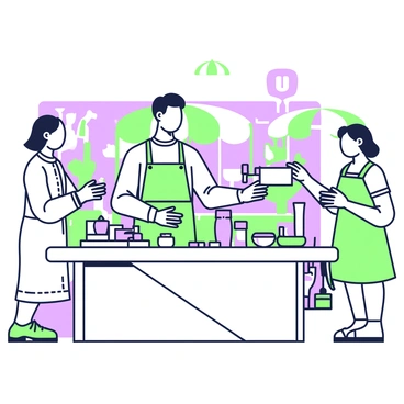 A marketplace stall is set up, showcasing an array of finely crafted wooden items. There are intricately carved wooden figurines, bowls, and utensils displayed prominently on a sturdy wooden table. In the center of the stall, a woodworker with a focused expression is interacting with a customer. The woodworker has an apron on and is holding a beautifully designed wooden item in his hands, explaining its features. The customer, a woman with a curious look, is examining a small wooden box. Behind them, a backdrop of colorful market canopies and other stalls adds to the lively atmosphere of the marketplace.