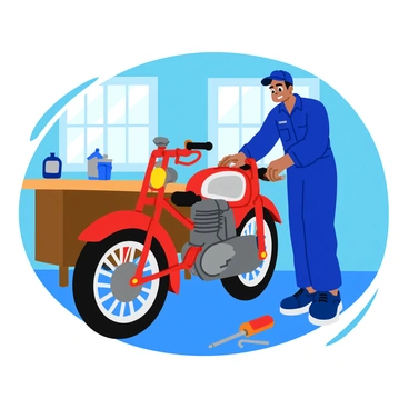 A mechanic wearing a blue jumpsuit is carefully restoring an old motorcycle in a well-lit garage. The mechanic is focused on the engine, using a small wrench to tighten bolts with meticulous attention to detail. The motorcycle has a classic design, with glossy chrome parts and a vibrant red frame. Tools are scattered across a wooden workbench nearby, including screwdrivers and a can of motor oil. Sunlight filters through a window, casting soft shadows on the floor.