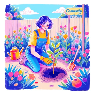 A volunteer with short curly hair is kneeling on the ground in a community garden. They are wearing a green t-shirt, denim overalls, and gardening gloves. In their hands, they are planting a young tree sapling in a freshly dug hole. The volunteer has a smile on their face, reflecting satisfaction and joy. Surrounding them are blooming flowers, a few garden tools like a spade and a watering can, and a sunny sky above with a few fluffy clouds. Nearby, a sign reading "Community Garden" is visible, adding to the lively atmosphere.