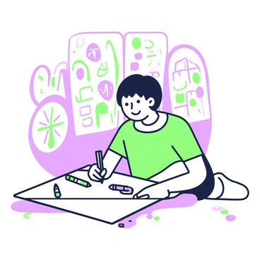 A child is sitting on the floor with a large sheet of paper spread out in front of them. The child is focused and smiling as they draw with a set of colored pencils. Several colored pencils are scattered around the child, with a few more lying on the paper. The child has short hair and is wearing a bright t-shirt. In the background, there is a wall adorned with colorful drawings that the child has created, showcasing their artistic flair. The atmosphere appears joyful as the child engages in creativity.