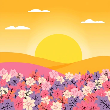 A picturesque sunset with vibrant golden hues filling the sky. The sun is low on the horizon, illuminating a field covered in fynbos flowers. The fynbos flowers are densely packed, showcasing a variety of colors including pinks, purples, and whites. Gentle hills can be seen in the background, adding depth to the landscape. The scene is tranquil, with soft clouds absorbing the warm light of the setting sun.