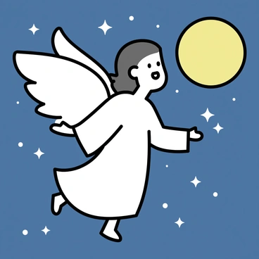 An angel with large, white wings is soaring through a night sky. The angel is dressed in flowing white robes that billow as it flies. The night sky is dark blue, filled with bright white stars forming various constellations. A large, luminous full moon glows against the backdrop of the sky, illuminating the angel's features. The angel's expression is peaceful as it glides gracefully through the celestial scene.