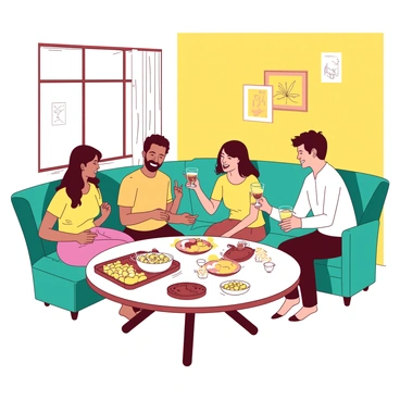 A bright yellow living room features four friends comfortably seated around a round coffee table. The coffee table is adorned with a variety of snacks, including bowls of chips and a platter of cheese, all arranged neatly. Two friends are laughing while holding colorful drinks, and another friend is reaching for a bowl of olives. Soft light streams in through a nearby window, casting gentle shadows in the room. The walls are decorated with framed pictures, and a plush teal sofa provides additional seating in the background.