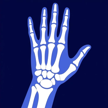 An X-ray image displays the skeletal structure of a human hand. The image highlights the individual bones, including the phalanges, metacarpals, and the carpal bones. The outline of the hand is clearly defined, showing the arrangement of the fingers and the wrist. The bones appear as white structures against a dark background, illustrating the hand's anatomy in detail.