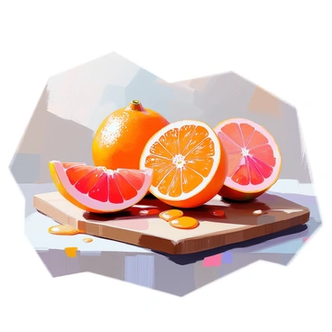 A composition featuring a sliced orange and a halved grapefruit, both displaying their vibrant, juicy interiors. The orange showcases its bright, sunny orange segments, glistening with moisture. The grapefruit, with its pinkish-red flesh, contrasts beautifully against the orange. The two fruits are arranged on a wooden cutting board, with small drops of juice accumulating around them. The background is softly blurred, allowing the fruits to stand out prominently.