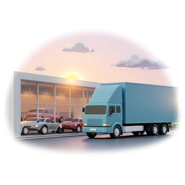 A large car transport truck, painted in a vibrant blue, is leaving a depot. The truck is loaded with several shiny cars of different colors, including red, silver, and black. The depot has a sleek design with large glass windows reflecting the morning light. In the background, a breathtaking sunrise creates a sky filled with warm hues of orange, pink, and light purple, casting a soft glow over the scene. The ground is slightly damp, suggesting a recent rain, and a few scattered clouds add texture to the sky.