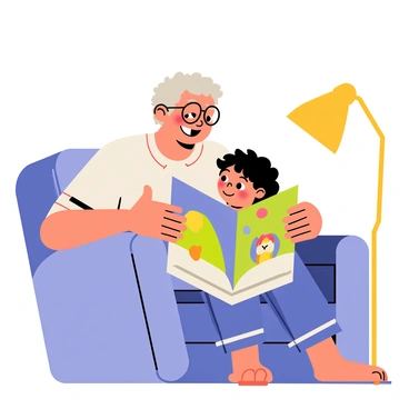 A grandparent with gray hair and glasses sits comfortably in a cozy armchair. They hold a colorful picture book open in their lap. A young child with tousled hair snuggles close to the grandparent, resting their head on their shoulder. The room is softly lit by a bedside lamp, casting a warm glow around them. The grandparent's expression is warm and nurturing as they engage the child with animated gestures while telling a bedtime story.