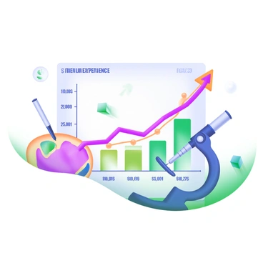 A modern pastel illustration of a line graph depicting the expected salary progression for scientific illustrators. The graph has a light background with a soft gradient. The x-axis represents the years of experience, labeled appropriately. The y-axis shows the salary amounts in a clear format. A smooth, upward-trending line in a vibrant color connects various data points, indicating the salary growth over time. Along the line, small circles highlight specific salary milestones. Additionally, there are icons representing scientific tools, such as a microscope and a palette, placed around the graph to enhance the theme of scientific illustration.