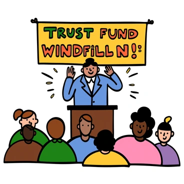 A person with light skin and slicked-back black hair stands confidently on a stage, wearing a lavish, tailored suit in dark blue with a shiny lapel. They are speaking passionately to a crowd in front of them, gesturing with one hand raised for emphasis. Behind them, a large colorful banner reads "Trust Fund Windfall!" in bold letters. The audience is diverse, with various expressions of interest and engagement as they listen attentively.