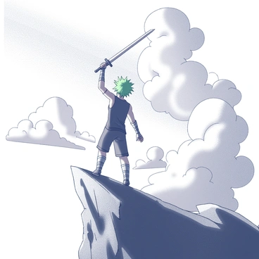 A man with short, spiky green hair is standing on a rocky cliff edge. He is wearing a black sleeveless shirt and has bandages wrapped around his arms. His swords are raised high above his head, reflecting determination and strength. The sky in the background is filled with large, stylized clouds, which contribute to a dramatic atmosphere. The sun is setting on the horizon, casting elongated shadows on the rocks below and creating a striking silhouette of the character against the dynamic sky.