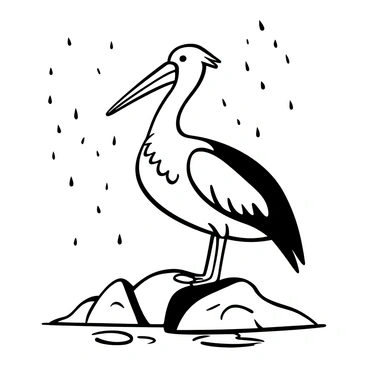 A brown pelican standing gracefully on a rocky shoreline, its feathers glistening as raindrops fall around it. The bird is positioned with one wing slightly lifted, displaying the intricate textures of its plumage. Small puddles collect on the rocks underneath, while gentle ripples form in the water nearby. A light mist can be seen surrounding the scene, enhancing the atmosphere of the rain.