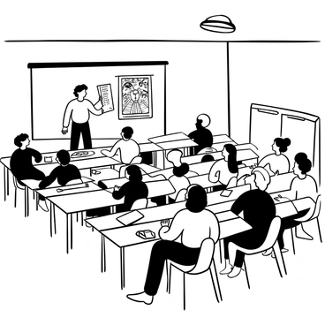 A large lecture hall filled with rows of wooden desks and chairs. In the front, a guest illustrator stands next to a projection screen displaying a vibrant illustration. The illustrator is gesturing towards the screen while holding a sketchbook. Students are seated, some taking notes, others looking intently at the presentation. Various art supplies, such as colored pencils and sketch pads, are visible on the desks. An air of engagement fills the space as the students listen attentively.