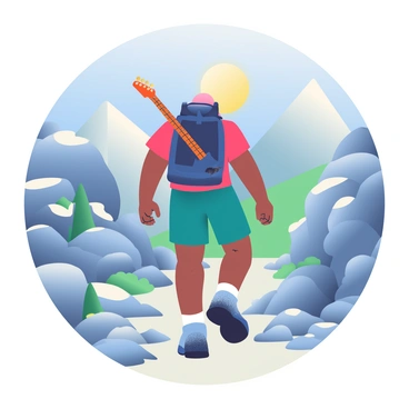 A person with medium skin is hiking through rugged mountains, carrying an electric guitar slung over their back. They are wearing a dark blue backpack and a bright red t-shirt. The sun is shining brightly, casting shadows on the rocky terrain. In the background, steep mountain peaks rise against a clear blue sky, and patches of green vegetation can be seen along the hiking path. The person's hiking boots are dusted with dirt, indicating their journey through the wilderness.