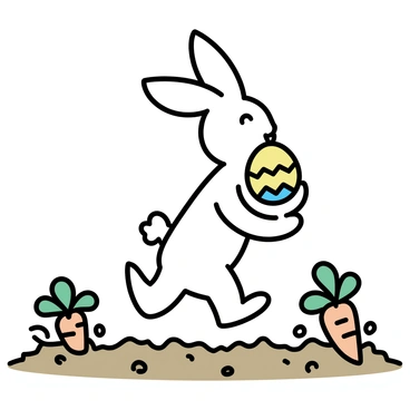 A white bunny with large ears is hopping through a patch of vibrant green carrots. The ground is dotted with bright orange carrots peeking from the soil. The bunny is holding a colorful, decorated egg in its mouth. Sunlight casts soft shadows on the ground, accentuating the bunny's playful movement. The scene has a sense of lively energy as the bunny jumps among the carrots.