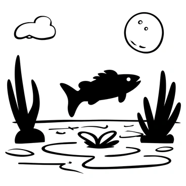 A silhouette of a catfish is depicted leaping out of rippling water, creating splashes around it. The scene is set under a moonlit sky, where the large, round moon is visible, casting a soft glow. The surface of the water reflects the moonlight, adding texture to the scene. The surrounding area is minimal, emphasizing the catfish and the moonlight on the water.