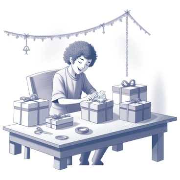 A hobbit seated at a rustic wooden table, surrounded by various wrapped gifts. The hobbit, with curly hair and wearing a simple tunic, is carefully folding a piece of "colorful paper" around a small box. The table is cluttered with additional presents of different shapes and sizes, adorned with "ribbons." There are scissors and a roll of tape nearby. In the background, a festive atmosphere is suggested with garlands and decorative elements hanging from the walls. The hobbit displays an expression of joy and concentration as they meticulously prepare the gifts.