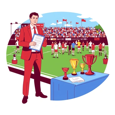 A red event planner is standing confidently at a sports field, holding a blue clipboard filled with notes. Surrounding the planner, there are several teams of athletes wearing colorful uniforms, preparing for their matches. In the background, a cheering crowd is gathered in the stands, waving flags and banners. To the side, there are gleaming trophies displayed on a blue table, shining under the sunlight. The atmosphere is filled with excitement as the planner oversees the tournament preparations.