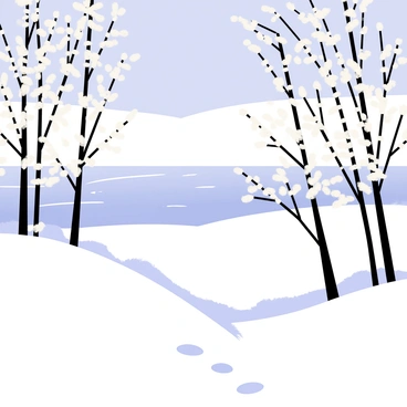 A winter landscape filled with snow-covered trees, their branches heavy with white snow. In the background, a frozen lake reflects the soft light of the winter sun, creating a shimmering surface. The scene includes gentle hills with patches of untouched snow, giving a sense of tranquility. Small animal tracks can be seen in the snow, leading towards the lake. A clear blue sky stretches above, enhancing the bright and crisp feel of the winter day.