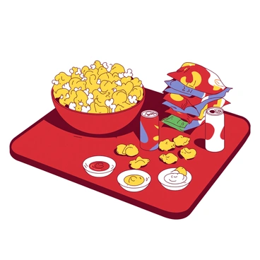 A red table is covered with an array of snacks and drinks for game night. There is a large bowl of yellow popcorn, spilling over the edges, alongside a stack of colorful chip bags. A few bags are opened, with chips spilling out. Next to the popcorn, there are several cans of soda, some upright and others tipped slightly, showing condensation on their surfaces. Small white plates are arranged on the table, filled with dip for the chips. The overall scene is inviting and festive, perfect for an entertaining evening.