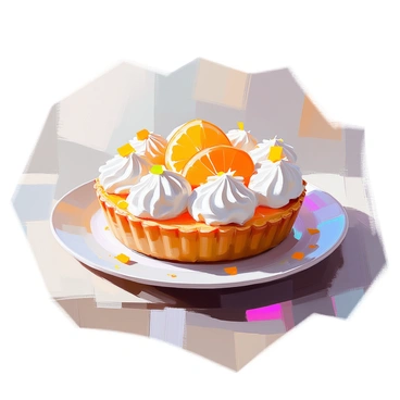 A delicate citron tart placed on a white ceramic plate, featuring a glossy, golden-yellow filling that glistens under soft light. The tart is surrounded by a generous swirl of fluffy whipped cream that peaks gracefully at various points around the edge. Shavings of bright citrus zest, both orange and yellow, are artfully sprinkled atop the whipped cream, providing a vibrant contrast. The tart rests on a wooden table, with subtle textures visible in the background.