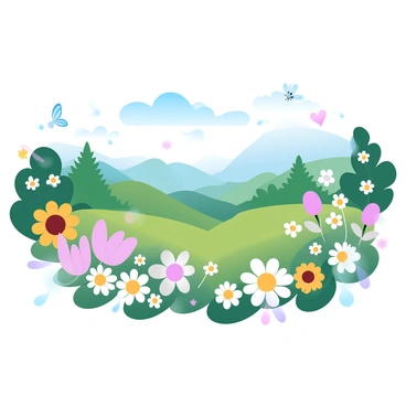 A sprawling natural landscape is filled with a variety of flowers in vivid colors, arranged in clusters across the terrain. The flowers include vibrant daisies, delicate tulips, and bright sunflowers, all swaying gently in the breeze. Various wildlife such as butterflies and bees flit among the flowers, contributing to the lively atmosphere. In the background, rolling hills and lush greenery complete the scene, creating a harmonious balance with the vivid foreground. A clear blue sky stretches above, adding to the overall beauty of the landscape.