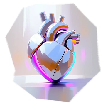 A sleek human heart design featuring a metallic exterior, intricately sculpted with sharp angles and smooth curves. The heart is adorned with glowing neon elements in shades of blue and purple that pulse lightly, creating an ethereal effect. The structure displays visible veins woven into the metallic surface, blending organic and mechanical aesthetics. The background is softly lit, highlighting the heart as the focal point of the composition.