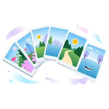 A table is covered with a tarot card spread, featuring multiple cards laid out in a fan shape. Each tarot card illustrates a distinct scene representing various aspects of the future. One card shows a flourishing garden with blooming flowers and a bright sun overhead. Another card depicts a winding path through a lush forest, leading towards a distant mountain peak. A third card reveals a serene lake with a small boat gently drifting, surrounded by trees. The tabletop has a smooth surface, and there are soft shadows cast around the cards, enhancing the vibrant colors of each illustration.