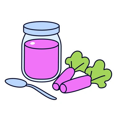 A glass jar of rhubarb jam with a metal lid. The jam inside is a deep pink color, glistening in the light. Beside the jar is a stainless steel spoon, positioned at an angle. Fresh rhubarb stalks with bright green leaves are arranged next to the jar, showcasing their vibrant colors. The background is plain to emphasize the jar and the rhubarb.
