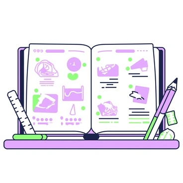 A TAFE textbook laid open on a table, displaying two pages filled with illustrations. On the left page, there are detailed sketches showcasing various art styles, including outlines of abstract shapes and geometric patterns. The right page features a series of techniques depicted through step-by-step illustrations, including a hand drawing a line and shading techniques demonstrated with cross-hatching. At the bottom of the pages, there are small labels describing each style and technique shown, arranged neatly in a vintage font. A ruler and a set of green and purple colored pencils are placed beside the textbook, adding to the artistic atmosphere.