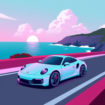 A sleek Porsche 911 with a shiny silver finish is cruising along a winding coastal road. The car's aerodynamic shape captures the warm glow of the setting sun, highlighting its elegant curves and powerful stance. The road is bordered by lush greenery and rocky cliffs, adding depth to the scene. In the background, the vast ocean glimmers under the orange and pink hues of the sunset, with gentle waves lapping against the shore. The sky is filled with dramatic, cloud formations illuminated by the fading light, creating a picturesque backdrop for the journey.
