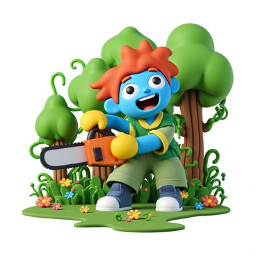 A cartoon-style character with bright blue skin and large, expressive eyes, wearing a green vest and yellow gloves, stands in a whimsical forest. The character has wild red hair that seems to bounce with excitement. They are holding a colorful cartoon chainsaw, revving it enthusiastically, with exaggerated motion lines suggesting vigorous energy. The forest is filled with oversized, vibrant green trees and playful, swirling vines. In the background, there are colorful flowers and small whimsical creatures peeking out from behind the foliage, adding to the lively atmosphere.