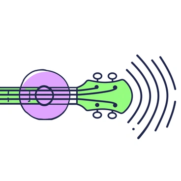 A guitar string is depicted in mid-vibration, stretched taut across the guitar's body. The string is plucked, creating noticeable ripples in the air around it. These ripples are illustrated as concentric waveforms radiating outward from the string, depicting the sound waves it generates. The guitar's body is detailed with a polished finish, and the background is minimal to emphasize the movement of the sound waves.