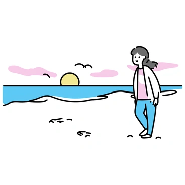 A sandy beach in Bournemouth during sunrise, with soft pastel colors in the sky. Gentle waves lapping against the shore create a calm atmosphere. A lone figure, wearing a light jacket and jeans, walks along the water's edge, leaving footprints in the wet sand. Seagulls can be seen flying low over the water, while a few scattered seashells are visible on the beach. The scene conveys a sense of tranquility and the start of a new day.