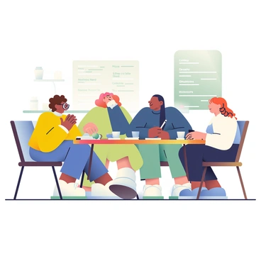 A group of four women is seated around a wooden table in a cozy coffee shop. One woman with curly brown hair is gesturing animatedly while discussing. She is wearing a bright yellow sweater. Next to her, a woman with straight black hair and glasses is listening intently, dressed in a dark blue turtleneck. Across the table, a woman with light skin and short red hair is taking notes with a pen on a notepad. She is wearing a white blouse. The fourth woman, who has long dark skin and braided hair, is sipping a cup of coffee while thoughtfully looking at the others. The atmosphere is warm, with soft lighting and various coffee cups scattered on the table. A chalkboard menu is visible in the background, listing different coffee options.