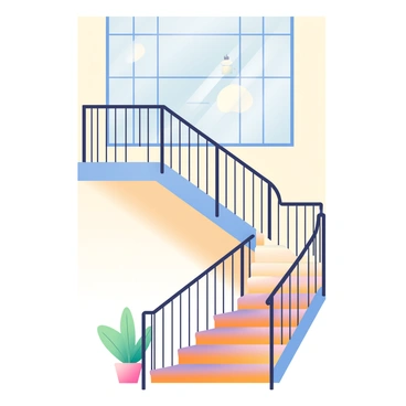 A spiral staircase with elegant metal railings is ascending into a bright, open space. The staircase features wooden steps with a polished finish that gleam under the light. Above, large windows allow sunlight to flood the area, creating a warm and inviting atmosphere. The walls surrounding the staircase are painted in soft, neutral tones. Potted greenery is placed strategically along the staircase, adding a touch of nature to the scene. The upper space is visible, with airy design elements such as hanging light fixtures and a clear view of the sky above.
