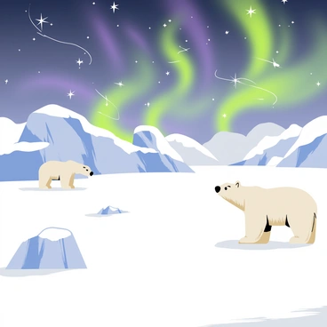 A snowy arctic tundra blanketed in thick white snow stretches across the scene. A majestic polar bear stands on the right, its thick white fur contrasting against the snow. In the foreground, there are several small, icy hills rising up from the tundra, glistening under the light. The sky is filled with vibrant green and purple northern lights swirling elegantly, illuminating the landscape. In the distance, more polar bears can be seen wandering, their forms softer against the icy terrain. The scene captures the beauty and tranquility of the arctic environment.