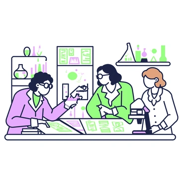 A group of female scientists is gathered in a research facility. In the center, a woman with dark hair, wearing glasses and a lab coat, is Rosalind Franklin, intently examining a large set of X-ray diffraction images on a table. To her right, another woman with light brown hair is jotting down notes in a notebook, while a third woman with curly hair is adjusting a microscope on a nearby counter. The research facility is equipped with various scientific instruments, including beakers and models of DNA structures on shelves in the background. The atmosphere conveys collaboration and focus.